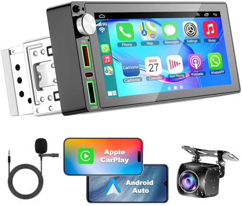 Single-Din-Autoradio mit kabellosem Carplay und Android Auto, 6,8 Zoll IPS Carplay-Radio mit GPS, Bluetooth, Sprachsteuerung, FM, AM, EQ, Typ-C, USB, SWC, Mirror Link, Backcp-Kamera, MP5-Player
