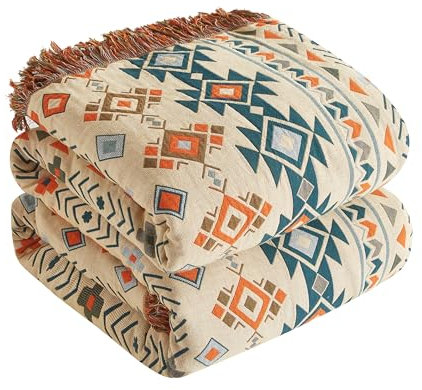 SESoftexly Boho Decke 100% Baumwolle – Große Doppelseitige Musselin Tagesdecke 200x230cm, Kuschelige Sofadecke & Bettüberwurf, Aesthetic Design, Ideal für Wohnzimmer & Schlafzimmer, Beige/Braun