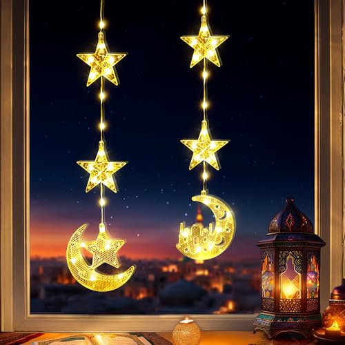 PhilzOps Ramadan Deko Lichterkette, 2 Stück Ramadan Fensterlichter Stern Mond Schloss Fensterdeko Batterie mit Timer Eid Mubarak Dekoration Beleuchtung für Innen Zimmer Hochzeit Party, Warmweiß