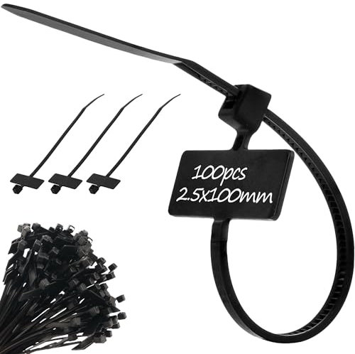 Marker & Labelling Cable Ties - Black & White, Strong Zip Ties - Available in 2.5mm x 100mm & 2.5mm x 200mm, Pack of 100 (Black, 2.5mmX100mm)