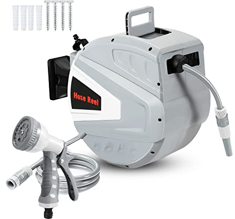 Hebitod Schlauchtrommel 20m+2m mit Handbrause Gartenschlauch, Schlauchaufroller Automatisches Aufrollen, 180° Schwenkbügel Versenkbarer Wasserschlauchtrommel Wandhalterung (Grau)