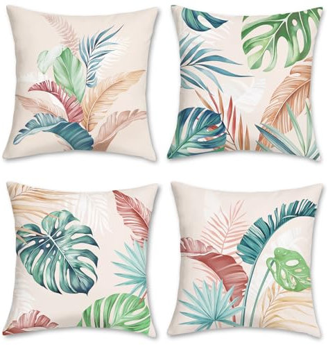 Bonhause 4er Set Kissenbezüge Tropische Blätter 45 x 45 cm Bunte Blätter Pflanze Samt Soft Dekorative Kissenhülle Zierkissenbezüge für Sofa Wohnzimmer Zuhause Dekoration