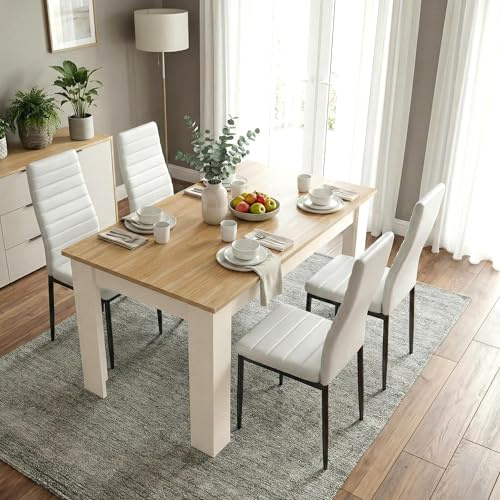 Blisswood Dining Table and 4 Chair Set, PU Leather Chairs, 17mm Thick Table Tabletop 120x80cm, kitchen table, Modern Design Wooden dining Table Set for Home furniture (Cream & Pine, White Chair)
