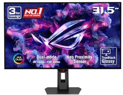 ASUS ROG Strix 32” 4K OLED Gaming Monitor (XG32UCWG) - TrueBlack Glossy OLED, Dual Mode (4K@165Hz, FHD@330Hz), 0.03ms, G-SYNC Compatible, Neo Proximity Sensor, USB-C, HDMI 2.1, 3 yr Warranty