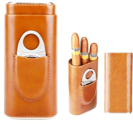 Zigarrenetui für 3 Zigarren，Zigarren Humidore, Leder Zigarrenetui, Leder Zigarren Etuis mit Zigarrenschneider aus Edelstahl Tragbarer Humidor Zigarren, für Reise Kurztrips, Geschenke für Männer1