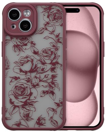 XIZYO Matte Translucent Case for iPhone 14, Branch Rose/Wine Red | Frosted Slim Touch, Cute Rose Flower Pattern, Aesthetic Floral Design, Shockproof Anti-Yellow, Soft TPU, Girly Women Style