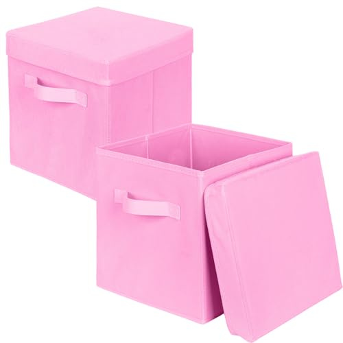 powerking Aufbewahrungsbox Behälter, 2 Pack klappbarer Stoff Aufbewahrung Würfel mit Deckel, Kleidung Organizer Schublade für Schrank und Spielzeug Aufbewahrung, 27x27x28cm,Rosa