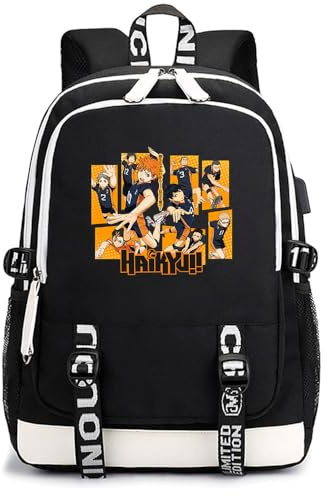 Huacaiyu Unisex Anime Haikyuu Rucksack Cartoon Cosplay Hinata Shoyo/Tobio Kageyama/Kozume Kenma Rucksack Schulrucksack Studenten Laptop Schultasche Schwarz