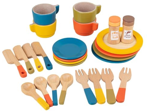 mophrati Assiettes et Plats en Bois pour Jouer à la Cuisine (Ensemble de 16 pièces) : développe l'imagination et la motricité des Enfants. Service de Vaisselle en Bois pour Petites Filles et bébés.