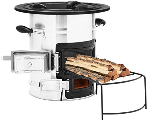 Ordellia Horno de camping plateado de acero inoxidable y hierro fundido, 51,5 x 35 x 30,5 cm, para patio, jardín y uso al aire libre con puerta, estante, asas y hoguera