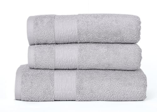 Heim24h - Handtuch-Set 3-teilig, 1 Badetücher, 70 x 140 cm, 2 Handtücher, 50 x 100 cm, Silber, weich, saugfähig und schnell trocknend, 100% Baumwolle, 550 g/m², Oeko-TEX® Zertifiziert