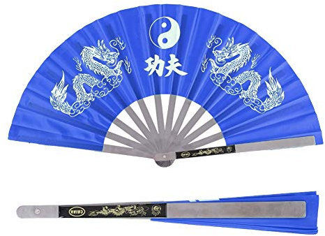 Nikou Arts du Ventilateur Chinois de Tai Chi Kung Fu, Dragon Eventail à Cadre en Acier Inoxydable pour Spectacle de Pratique de Danse Art Kung Fu (Bleu)