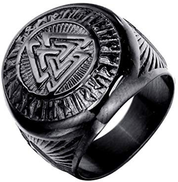 HIJONES Herren Valknut Nordischer Wikinger Odin Symbol Ring aus Edelstahl Krieger Motorradfahrer Signierter Ringe Schwarz Größe 70