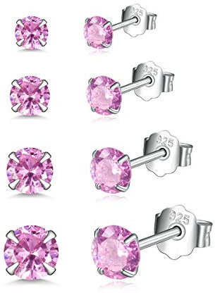 Shuxin Damen Ohrstecker Set - 4 Paare 925 Sterling Silber Zirkonia Ohrringe, Hypoallergen Unisex Klein Schlafen Knorpel Mit 5A Rosa Zirkonia, Größe in 3, 4, 5, 6mm