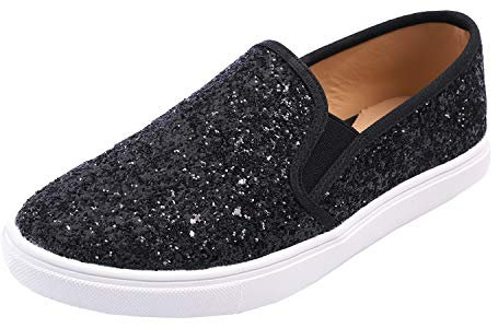Feversole Women's Fashion Slip-On Trainer Casual Flat Loafers，Skater Pumps Trainers Sneakers Shoes Black Glitter Size 7