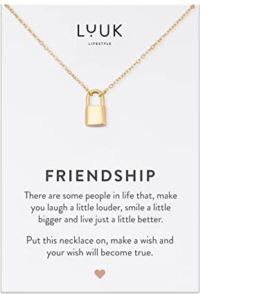 LUUK LIFESTYLE Edelstahl Kette mit Anhänger und Friendship Spruchkarte, Glücksbringer, Geschenk für die beste Freundin, trendy & filigran, Halskette mit Schloss I Vorhängeschloss, gold