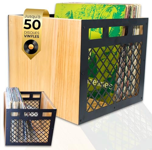 Keep Them Spinning Vinyl Aufbewahrungsbox Holz & Metall | Schallplattenbox für 50 LPs | Stapelbare Plattenkiste für 7, 10, 12 Vinyl | Organizer & Regal für Schallplatten