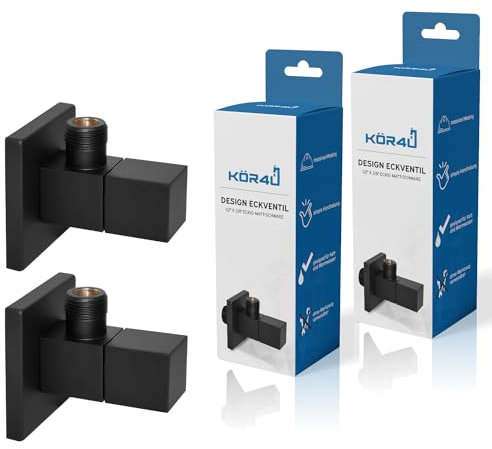 kör4u 2er Set Design Eckventil 1/2 x 3/8 Zoll, schwarz matt, eckiges Wasserabsperrventil, mit Schnellverschluss für Bad & Küche, inkl. Rosetten