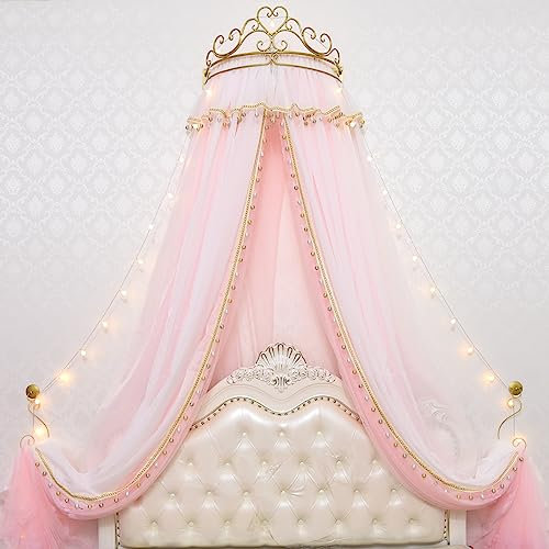 GongZhuMeng Mädchen Bett Vorhang Prinzessin Krone Moskitonetz Kinderzimmer Dekor Nachttisch Garn Netz Romantische Prinzessin Zelte Bett Baldachin Volant (Hellrosa)