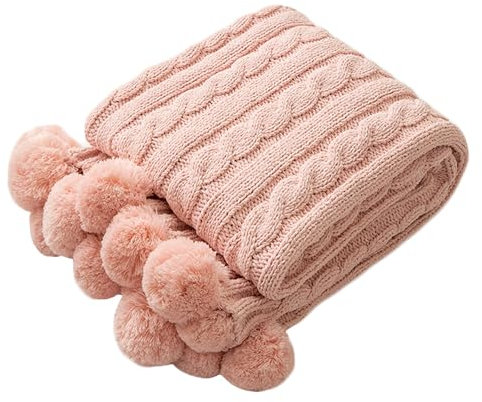 ATMOSURELY Ultra Soft Pink Chenille Cable Knit Throw Blanket with Handmade Pom Poms Cozy Fluffy Knitted Blanket Lightweight Warm Woven Farmhouse Blanket for Bed Sofa Couch 50x60 Inches (Pink)