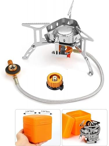 Fornello da Campeggio Mini Stufa Compatto Fornellino Antivento a Gas Pieghevole in Acciaio con Accensione Piezoelettrica per Trekking Picnic Emergenza (3500 WATT)