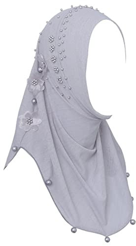 Woeoe Pearl Muslimische Hijab-Kappe, einfarbig, vorgebunden, Blume, Hijab, leicht, muslimischer Kopfwickel für Damen und Mädchen, GRAU, Einheitsgröße-M