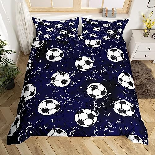 Loussiesd Fußball Bettwäsche Jugendliche Sport Thema Bettwäsche Set 155x220cm Fußball Ball Muster Mädchen Jungen Kinder Raum Dekorative Bettwäsche Set Dunkelblaue Bettbezug Set Fußball Drucken