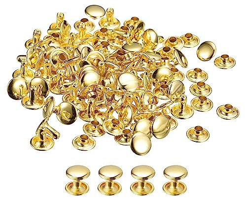QUARKZMAN Remaches de Cuero 100 Kits, Remaches de Doble Tapa 9mm, Altura 8mm, Remache de Pernos Metálicos para Reparación Artesanía Cuero DIY Monedero Cinturón Bolsa Zapato, Tono Dorado