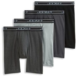 Jockey Men's Underwear Lightweight Cotton Blend 7 Long Leg Boxer Brief - 4 Pack, Charcoal Heather/Trusted Pewter/Quartz Grey/Black, L