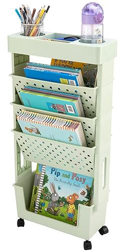 Abnehmbarer Mobiler 5 Ebenen Bücherregalwagen Beweglicher Drehbarer Bücherregal Rollwagen aus Kunststoff Groß Schreibtisch Organisationsregal für Kinder Studenten Lehrer Erwachsene (Grün)