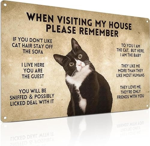 Funny Tuxedo Cat Rules Metal Sign - Remember When Visiting - Black Cat Apartment Decor, Retro Room Caution Sign 8x12 Inch