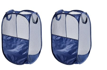 WEBEASY Laundry Basket, 2pcs Pack Foldable Laundry Hamper Pop Up with Durable Handles, Portable Mesh Washing Laundry Bag with Handle Great for Home Kids Room College Dorm Travel (Navy)