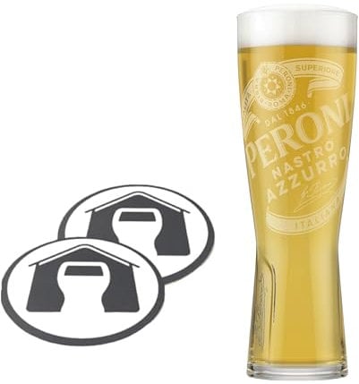 GarageBar | Peroni Glass | Nucleated Beer Glass | Official Merchandise | Comes with 2X Beer Drip Mats (1, Pint)