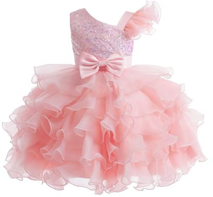 Miipat Mädchen Kleid One Shoulder Pailletten Prinzessin Ärmellos Hochzeit Kleid Tutu Rüschen Kinder Kleider Party Geburtstag Rosa 130 6-7 Jahre
