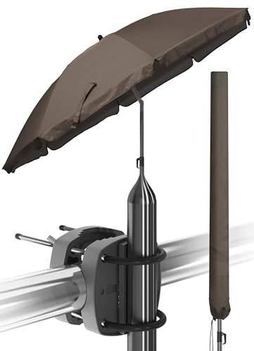Menz Sonnenschirm Balkon als Sonnenschutz Balkon 3-IN-1 SET - UPF 50+ Sonnenschirm 180 cm in Taupe + Sonnenschirmhalter Balkongeländer + Sonnenschirm Schutzhülle