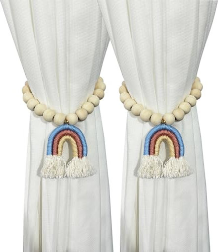 BDHRKTE Vorhang-Raffhalter aus Holz, mit Perlen, Quaste, Vorhangschnallen, magnetische Vorhangschnallen, Regenbogen-Quaste, Vorhang-Raffhalter, kein Stanzen, Dekoration (rot)