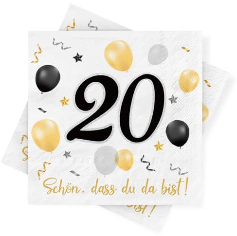 Servietten 20. geburtstag, 30 Stück Schwarze Gold Geburtstags Servietten, Deko 20. Geburtstag Schön, dass Du da bist, 3-Lagig Papierservietten für Mann Frau Geburtstag Feier Jubiläum Tischdekoration