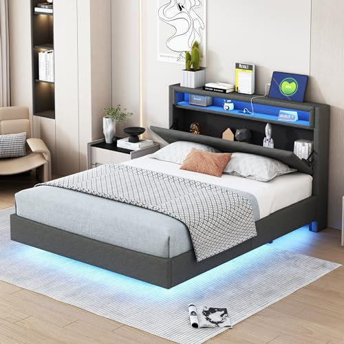 Kayan Polsterbett 140x200 mit LED und USB, Doppelbett mit wendbares Stauraum Kopfteil, Bett mit Lattenrost, Jugendbett Stauraumbett Bettgestell, Leinen Grau, ohne Matratze