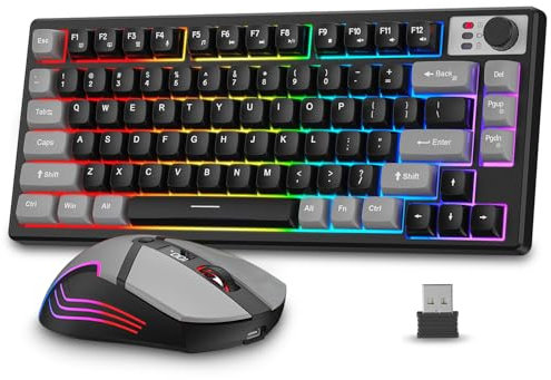 BlueFinger 75% Wireless Gaming Keyboard and Mouse with Smart Display, Rechargeable Light Up Wireless Keyboard with Knob Control, RGB Backlit Gaming Mouse for Mac Laptop Computer PC Gamer(Black)