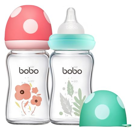 YOHKOH Natural Response Weithals-Babyflasche aus Glas, Anti-Kolik Baby Glas Flaschen mit Ultraweiches Silikon-Sauger, für Neugeborene Babys (Mehrfarbig, 160ml (2er Pack))