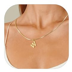 Esmoly Kette Damen Kette mit Buchstaben A-Z Necklace Women Silber Buchstaben Kette für Freundin 14K Vergoldet Anhänger Halskette Abschluss Geburtstag Geschenke für Frauen (Buchstaben W, Gold)