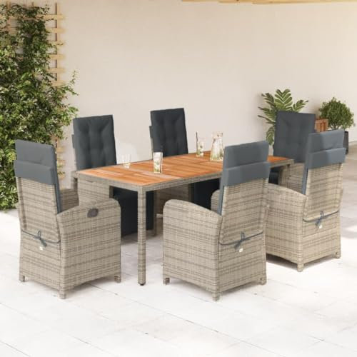 Keyroto Rattan Gartenmöbel Set mit 6 Gartenstuhl Hochlehner Verstellbar Garten essgruppe 6 Personen Sitzgruppe Outdoor Polyrattan Sitzgruppe Sitzgarnitur Terassenmöbel außen-Grau-7-tlg-7