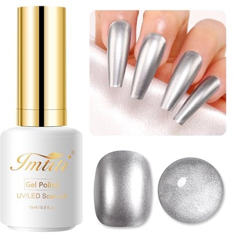 Imtiti Smalto Gel Argento Metallizzato, 15ml Bottiglie Argento Metallizzato Nail Art 3D Specchio Cromo Effetto Smalto Gel Lucido Soak Off UV/LED per Nail Art Manicure fai da te 1Pz.