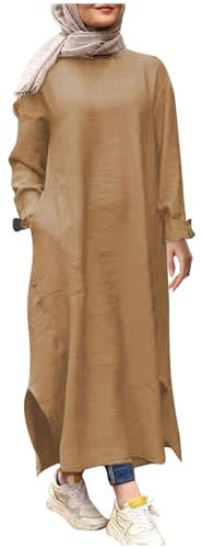 Muslimische Kleider Damen Islamische Abaya Hijab Kleid Langarm Ramadan Gebetskleid Gebetskleidung Für Frauen Islam Langes Kleid Sommerkleid Baumwolle und Leinen Kleid Muslim Maxikleid