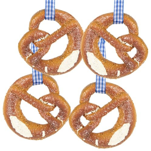 Logbuch-Verlag 4 Deko Brezeln Breze Imitat bayerische Deko Oktoberfest Dekoration mit blau-weiß kariertem Band 7,5 x 7 cm