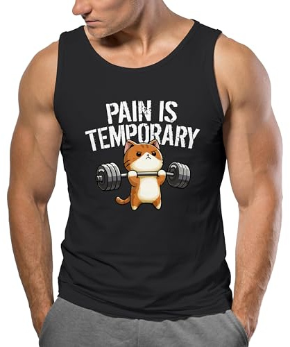 MoonWorks® Herren Tanktop Fitness Sport Gym Bodybuilding Katze Spruch Lustig Pain is Temporary Muscle Shirt Achselshirt