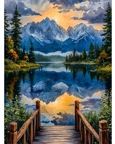 HEIBAGO Montagne Peinture par numéros pour Adultes, Paysage Kit de Peinture à l'huile sur Toile par numéro pour Débutants, Peinture à l'huile DIY Rivière pour la décoration de la maison,30X40cm