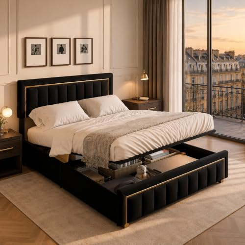 LIVLUX Lit Coffre 160x200 avec Sommier,Lit Double rembourré avec hydraulique Rangement et Tête de lit,Lit 2 Personnes pour Adultes et Adolescents,Velours (Noir A, 160 x 200 cm)