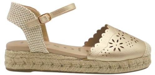 mysoft - 25M141 Sandalias Planas para Mujer Platino – Plataforma de 2 Cuerdas, Material Que Imita Piel con Adornos Florales, Cierre de Hebilla, para: Mujer