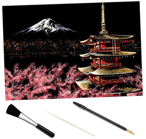 JOINPAYA Diy Kratzbilder Mount Fuji Nachtmotiv Mit Scratchpapier Bambuswerkzeug Goldenem Stift Und Schwarzem Pinsel Für Kreative Kratzkunst Und Wohnungsdekoration